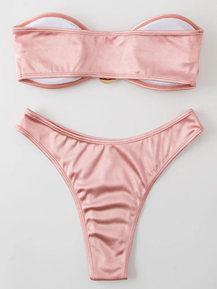 Shiny Bandeau Bikinis 2025 Strapless Bikini Female Swimsuit Women Swimwear Two-pieces Bikini Set High Cut Bathing Suit Swim Lady