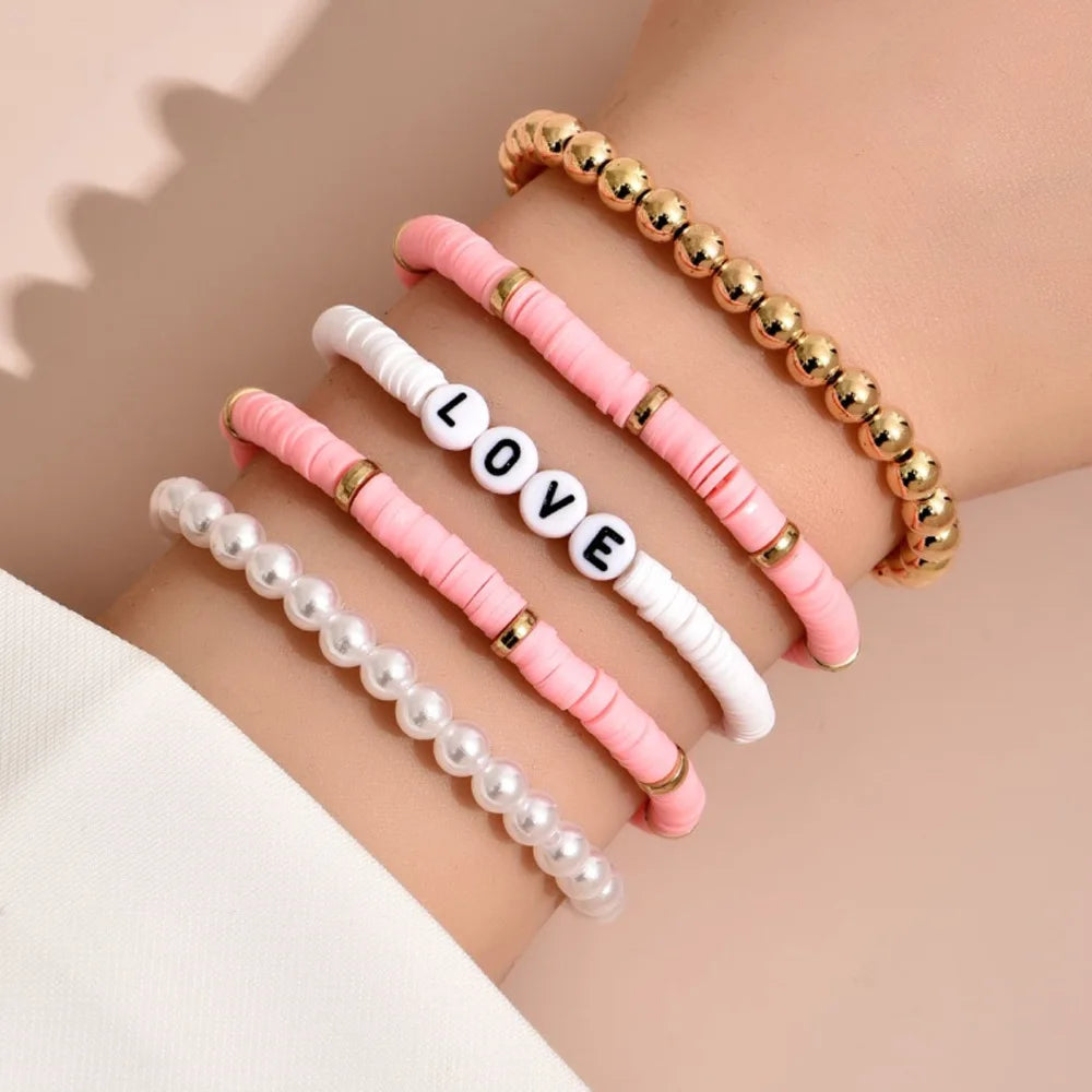 Fashion Rainbow Stackable Bracelets Set For Women Heart Charm Soft Clay Pottery Layering Beads Chain Bangle Female Boho Jewelry