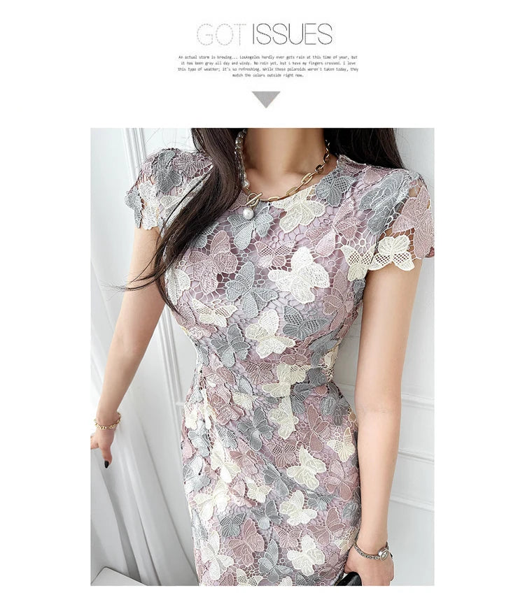 H Han Queen Summer Elegant Chic Lace Dresses Women Korean Retro Vestidos Fashion Color Blocking Office Party Casual Dress