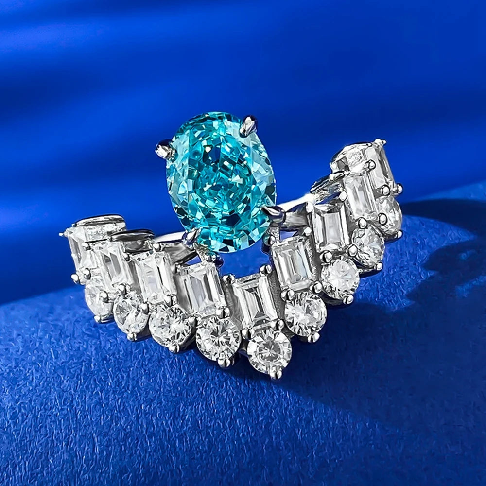 Wong Rain 100% 925 Sterling Silver 6*8 MM Oval Paraiba Tourmaline High Carbon Diamond Gemstone Ring For Women Engagement Jewelry