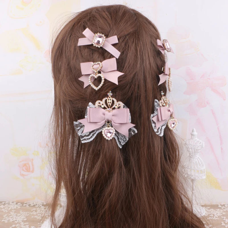 Kawaii Lo Bow Hair Accessories Headdress Girl Women's Sweet Cute Bow Crown Rhinestone Side Clip Lolita Hair Clip Lace Hairpin