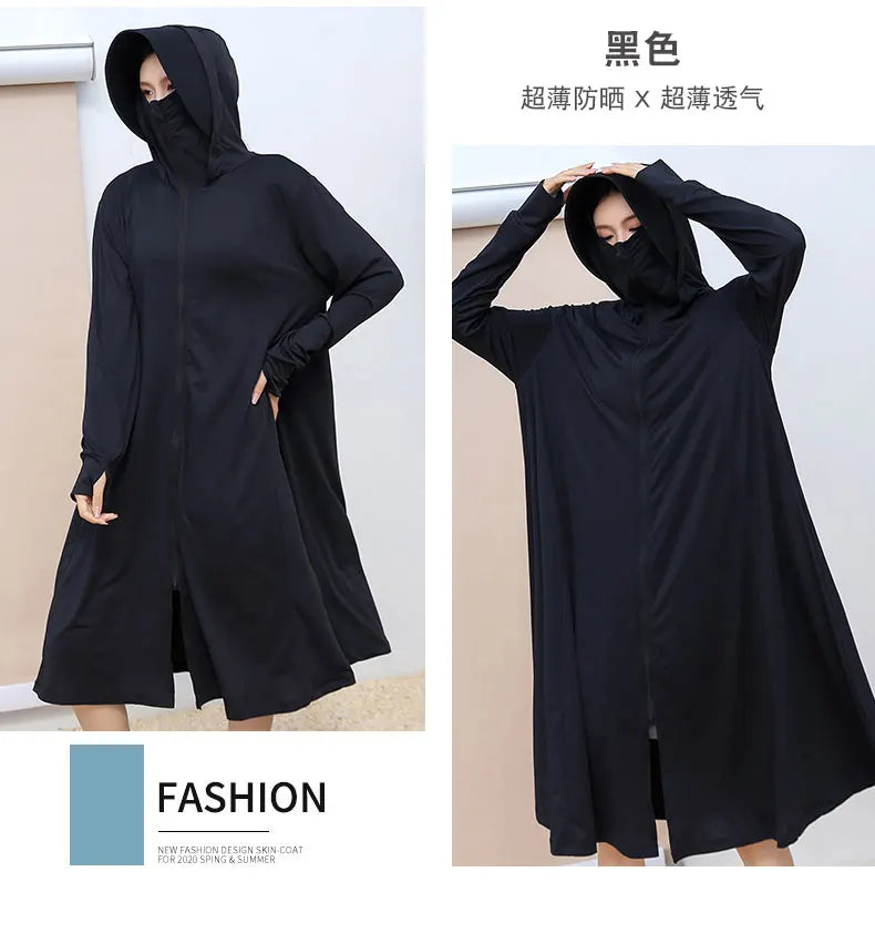 Sunscreen Sun Protection Long Coat Hooded Washable Ruffles Adjustable Waist Beach Anti-UV Dress For Women UPF50+ Long Coat 5XL