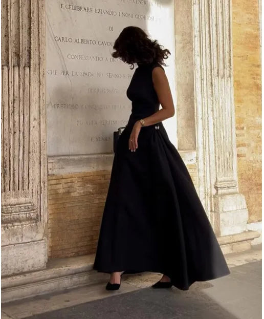 Vintage Brown Long Dress Women's Elegant Loose Diagonal Neck Black Metal Buckle Maxi Dresses Female 2025 Summer Evening Party