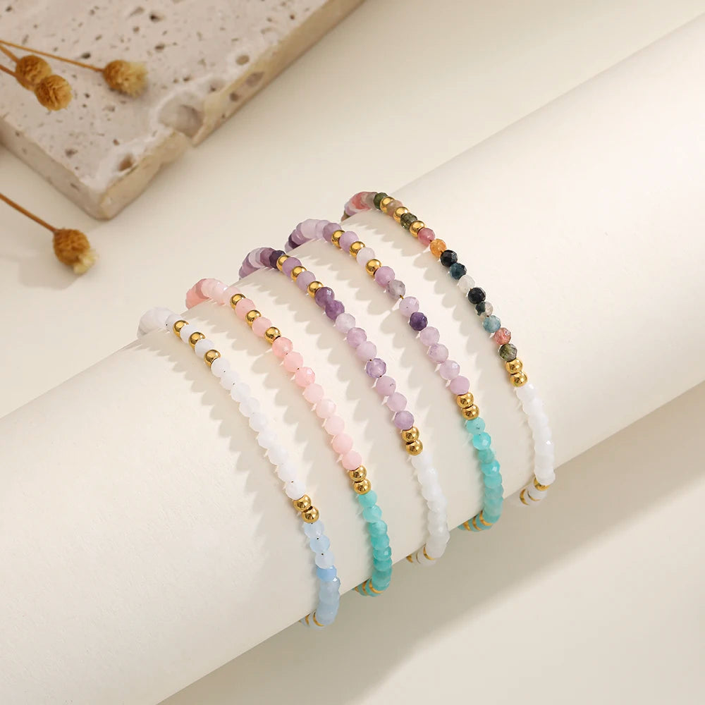 Two-color Nature Stone Beaded Bracelet Fashion Gold Color Faceted Spacer Jewelry For Women With Staniless Steel Clasp Party Gift