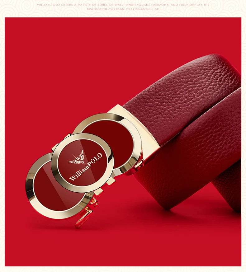 Genuine leather Chinese style men's belt, red belt, automatic buckle, personalized belt