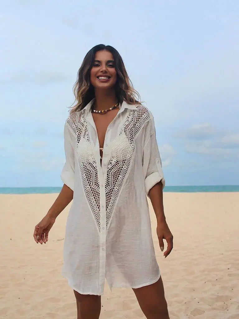 2024 Crochet White Knitted Beach Cover Up Dress Tunic Long Pareos Bikinis Cover Ups Swim Cover Up Robe Plage Beachwear