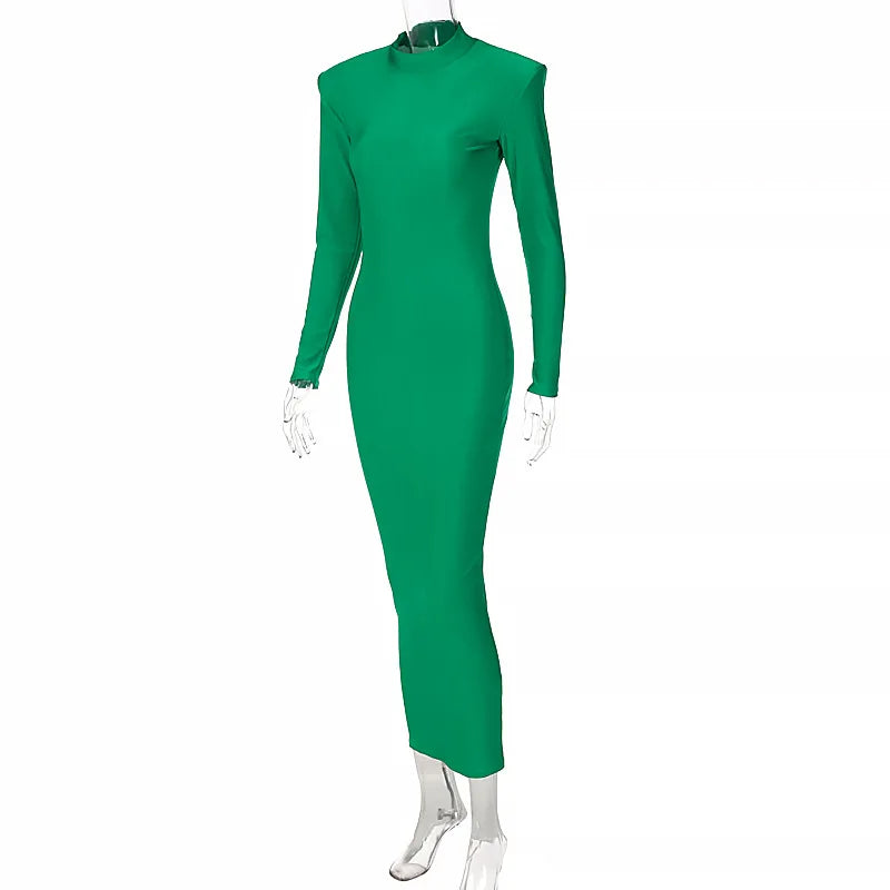 Shoulder Padded Long Sleeve Bodycon Green Party Club Maxi Long Dress 2023 Spring Autumn Women Fashion Elegant Clothes