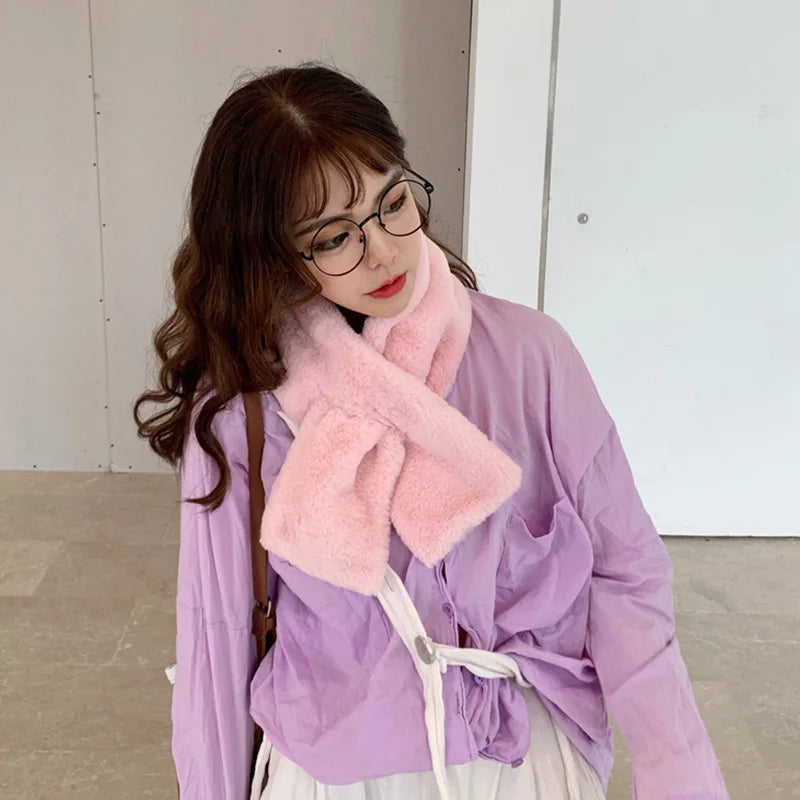FAITOLAGI Korean Winter Faux Rabbit Fur Women Scarf Soft Plush Snood Scarves Solid Color Neck Collar Warmer Stuff Christmas Gift