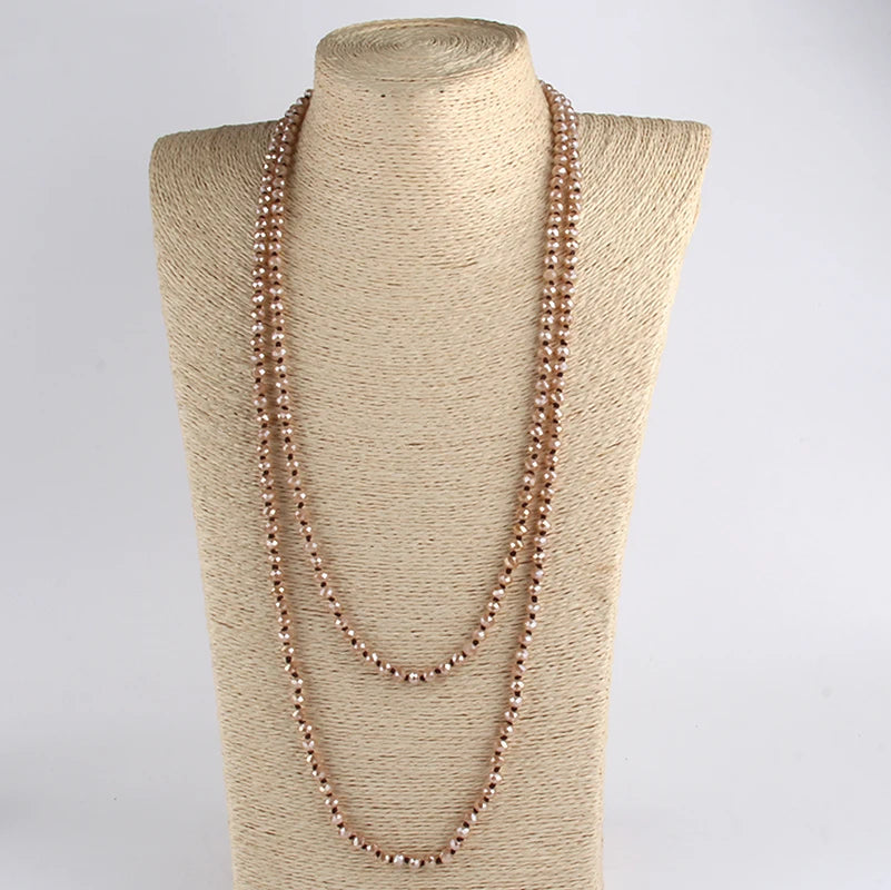Fashion Bohemian Tribal Jewelry 6mm Crystal Long knotted Glass Crystal Necklace