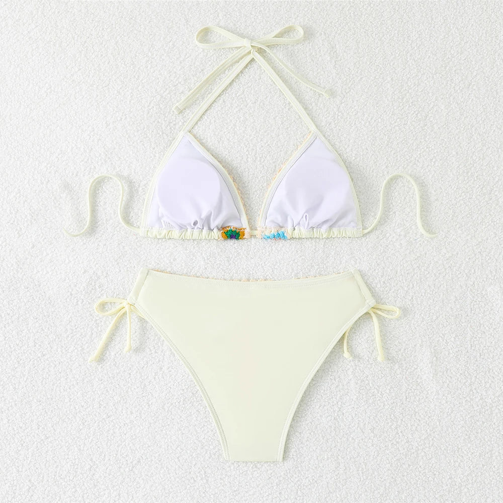 Black Thong Micro Knitted Crochet Bikini 2025 String Halter Swimwear Sexy Swimsuit Women Lace-up Bathing Suit Black Bikinis Sets