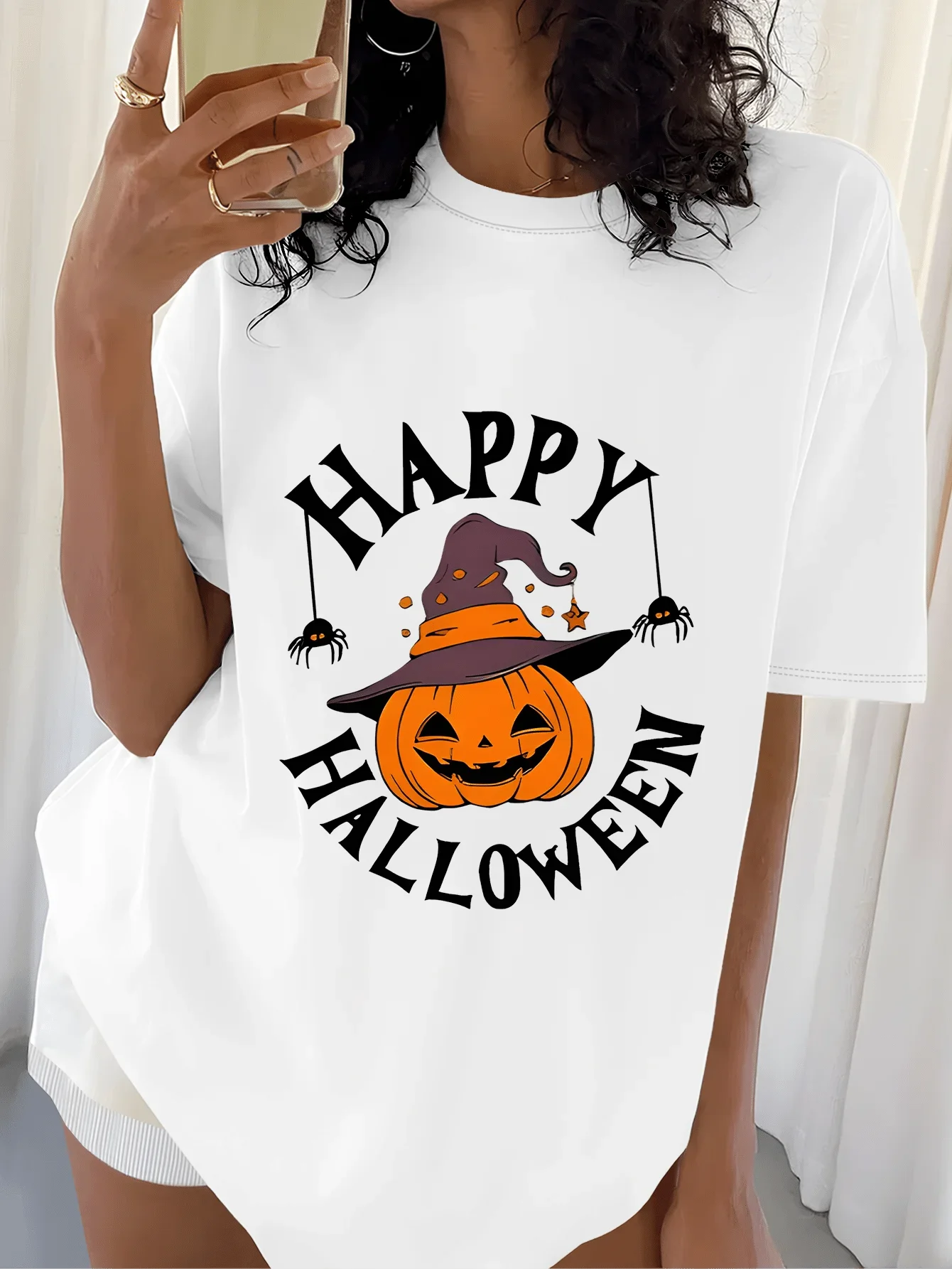 Women's Black Short Sleeve T- Shirt Happy Halloween Pumpkin Graphic Festive Stylish Casual Top Kawaii Clothes Women Clothing