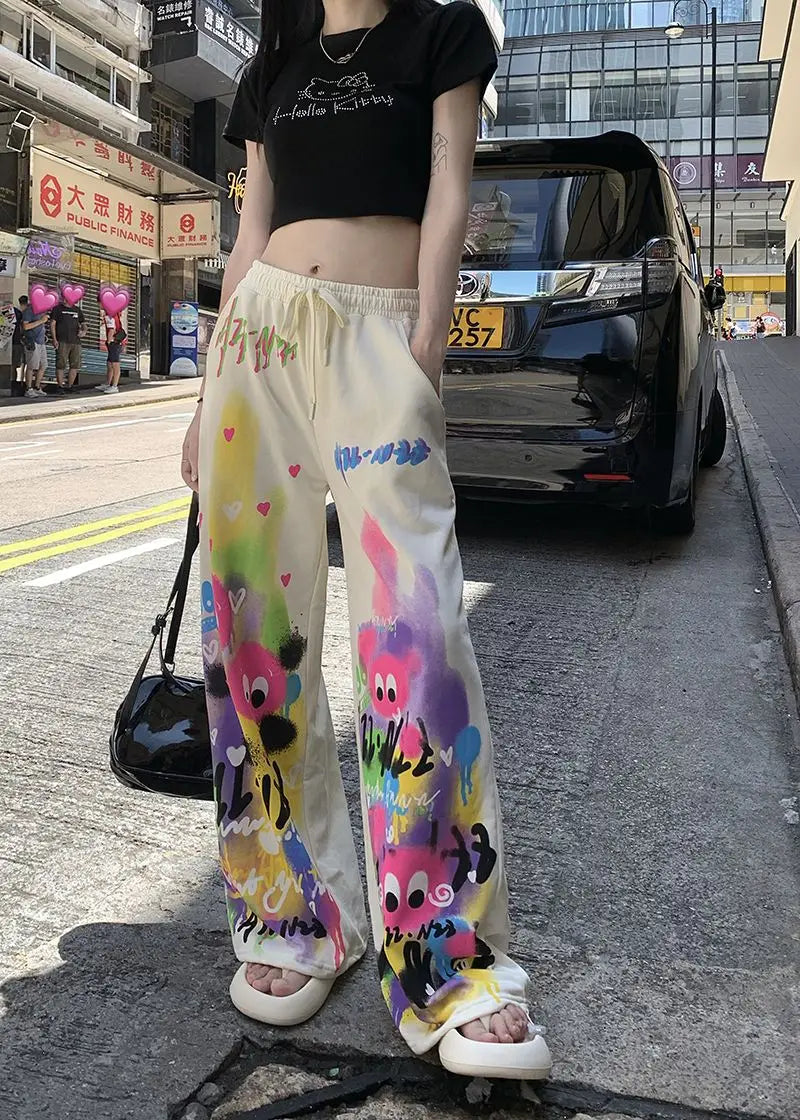 Kawaii Cute Dopamine Graffiti Casual Pants Women Tie Dye Summer Elastic High Waiste Drawstring Pockets Loose Wide Leg Trousers