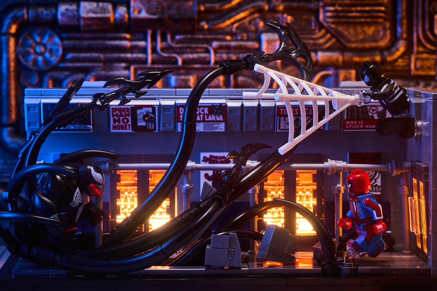 MOC scene: Marvel Venom vs. Spider-Man in the subway. Spider-Man's assembled toy bricks. Christmas gift for a boy and a girl.