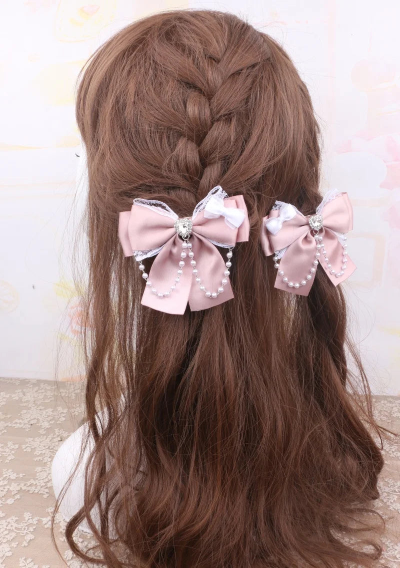 1 Pair Jirai Kei Bow Hair Accessories Women's Hairclips Sweet Y2K Lolita Bow Chic Chains Decor Women's Barrettes Hair Pin