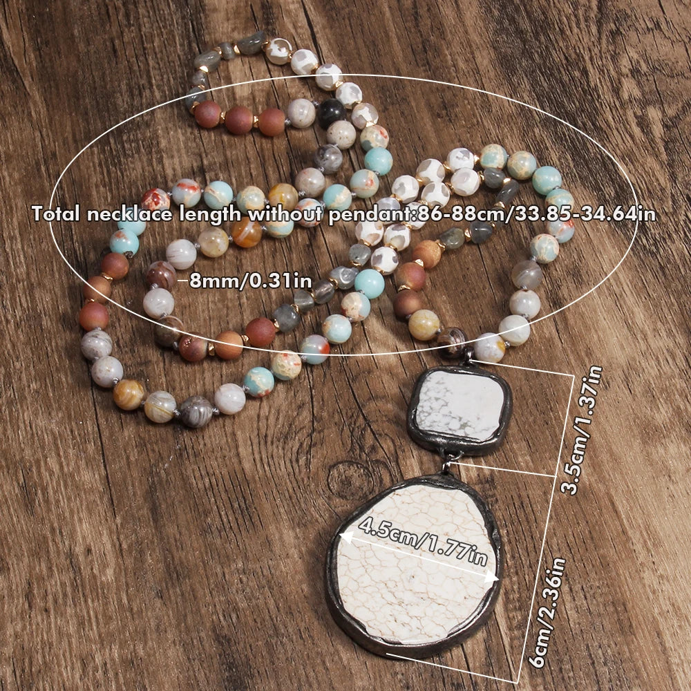 Spring/Summer New Fashion Boho Ethnic Style 8mm Natural Stone Glass Knot Necklace Square and Irregular Stone Pendant Necklace