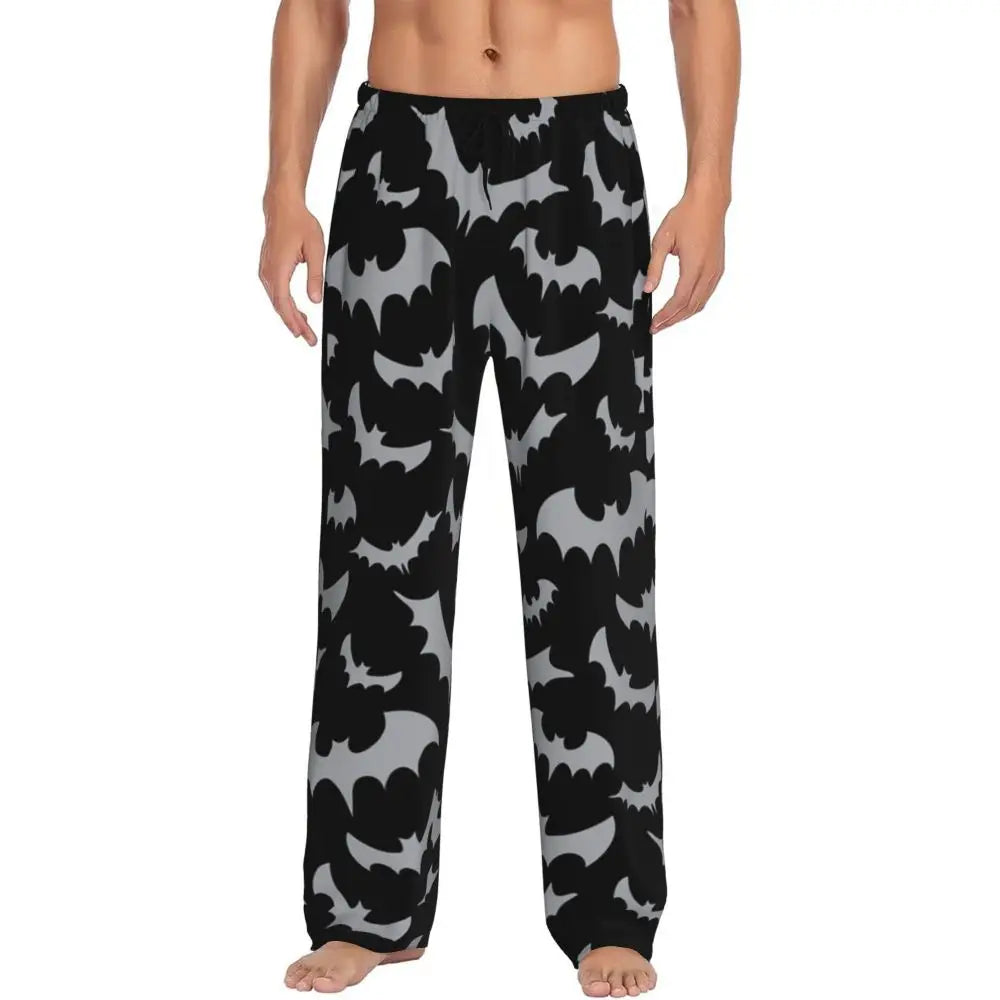 Custom Cute Spooky Halloween Bats Black And Purple Pajama Pants for Men Lounge Sleep Drawstring Sleepwear Bottoms with Pockets