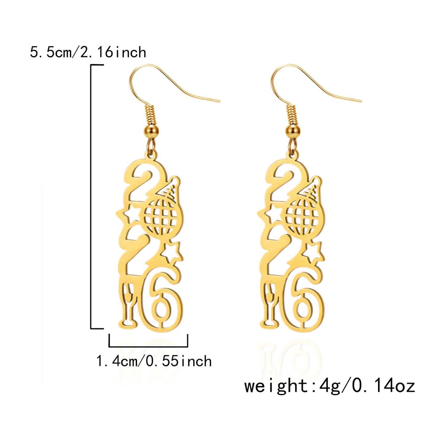 2026 Number Gold Color Stars Drop Earrings for Women Geometric Dangle Hanging Earrings Party New Year Jewelry Gifts