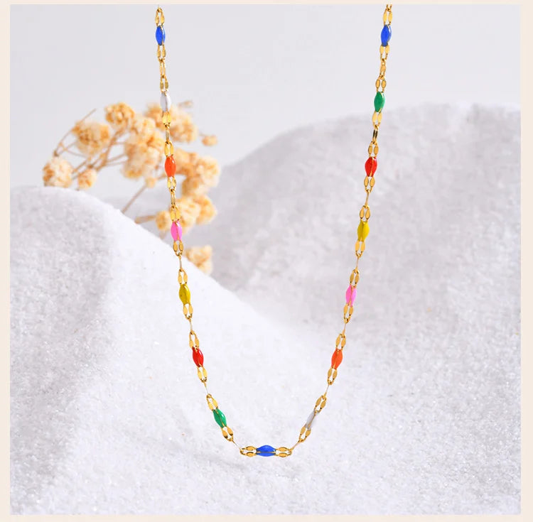 Boho Multi-color Lipchain Choker Chain Necklace Stainless Steel Summer Jewelry for Women Girls Gift