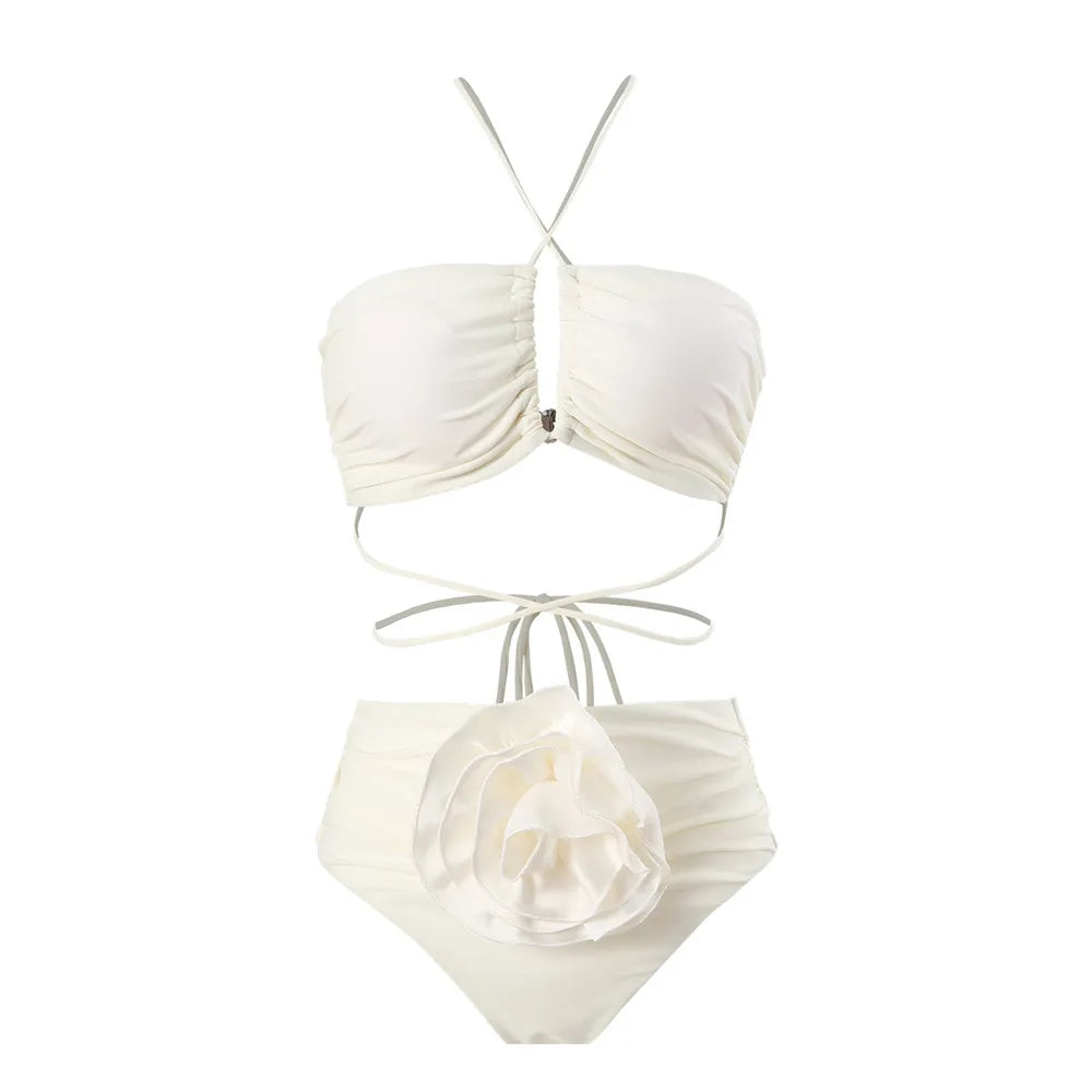 Sexy Red 3D Flower Swimwear Halter Bandeau Bikinis Sets High Wiast Swimsuit 2025 Women Ruched Bathing Suit Bikini Mujer Bather