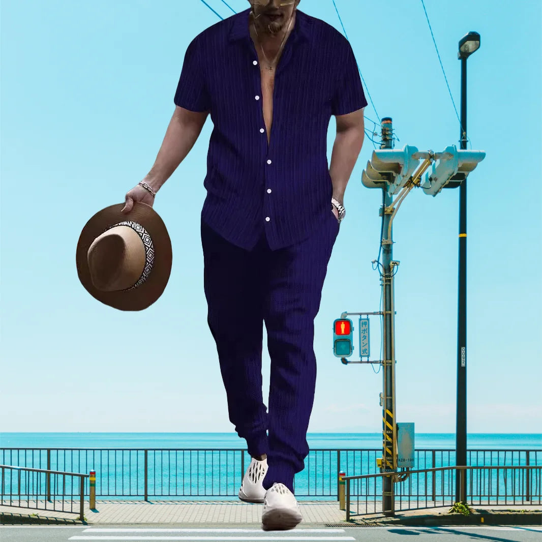 Ultra-thin Ultra-light Summer Men's Shirt Casual Loose Short Sleeve + Trousers Beach Suit Surf Casual Solid Color Lapel Suit