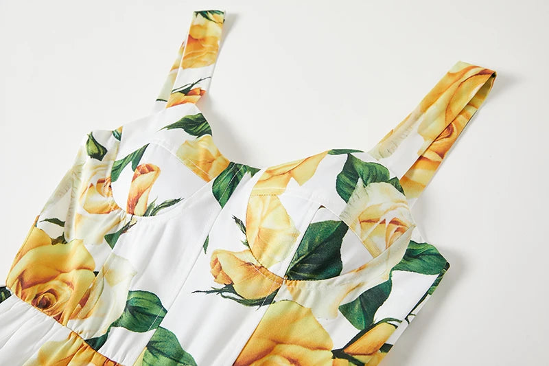 2024 Summer Fashion Short Boho Dress Women Mini Floral Print Dress Female Sleeveless Hanging Belt Printed Waist Folded Dress