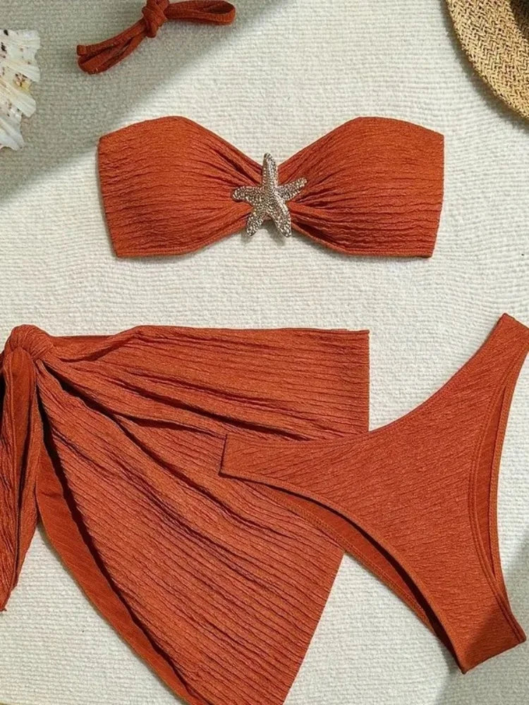 Sexy Metal Starfish Bikinis Set Women Brown Bandeau Push Up Mesh Skirt 3 Piece Swimsuit 2025 Beach Bathing Suit Holiday Swimwear
