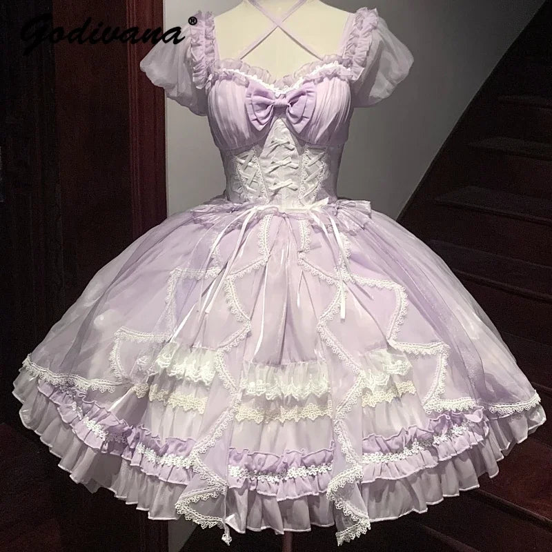 Lolita Sweet Girl Princess Dress Spring and Summer Off Shoulder Women's Short Sleeve Slim OP/JSK Short Ball Gown Dress
