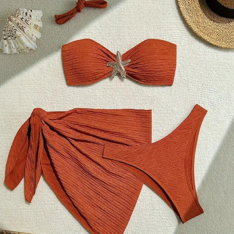 Sexy Metal Starfish Bikinis Set Women Brown Bandeau Push Up Mesh Skirt 3 Piece Swimsuit 2025 Beach Bathing Suit Holiday Swimwear