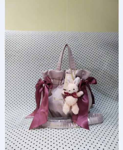 Japanese Style New Double-Sided Drawstring Bags Sweet Cute Girl Ladies Satin Bow Crossbody Shoulder Portable Handbag