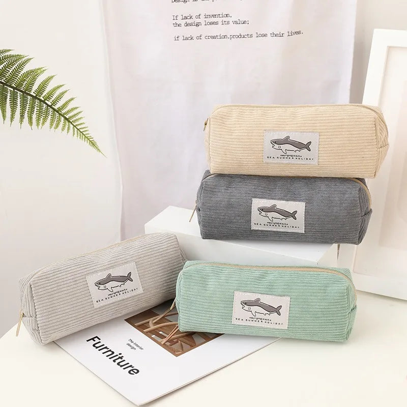 Cute Shark Pencil Case Unisex Korean Style Dirty Corduroy Resistant Storage Bag for Girls School Student Supplies Stationery