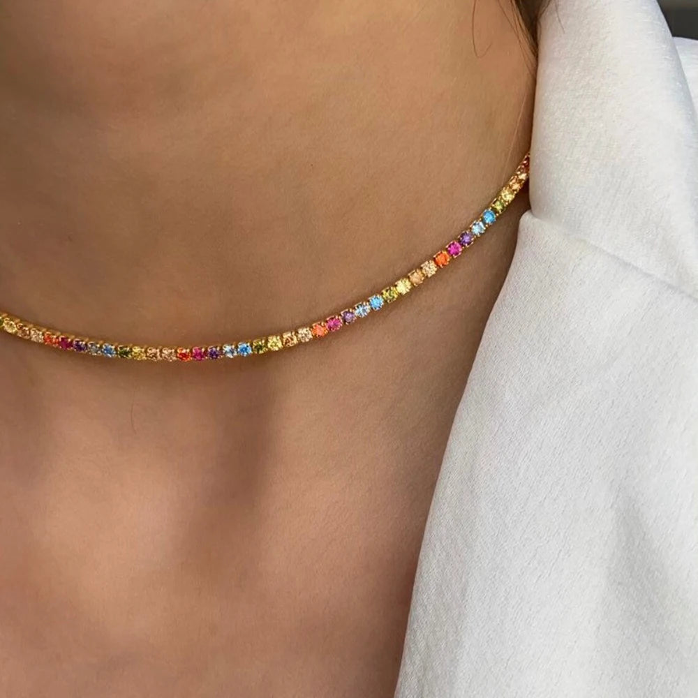 2.5/3mm Round Rainbow Tennis Necklace Bracelet for Women S925 Silver Colorful High Carbon Diamond Clavicle Choker Fine Jewelry