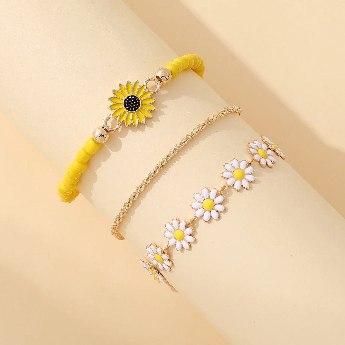 3pcs Cute Daisy Flower Pendant Bracelet Anklet Set for Women Bohemian Beaded Enamel Sunflower Stackable Hand String Jewelry