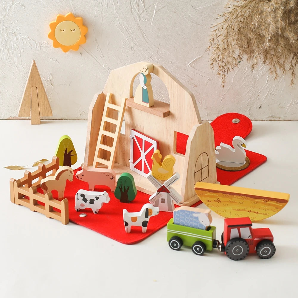 Children Montessori Wooden Toys Dinosaur Car Animal Park Barn Toy Wooden Stacking Game Kid Educational Toy Christmas Gift