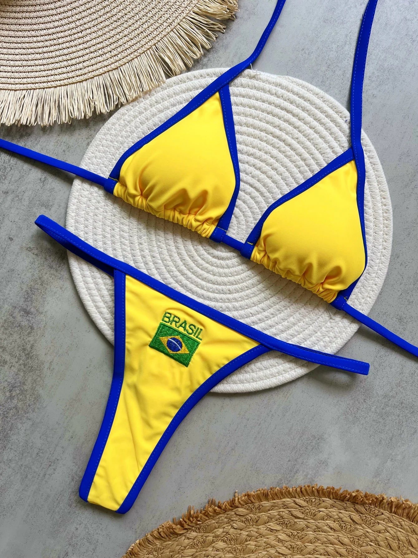RUOTONSEPT Sexy Embroidery Brasil Flag Contrast Split Bikini Set Women Swimwear Patchwork Swimsuit Hottie Outfit SummerBeachwear