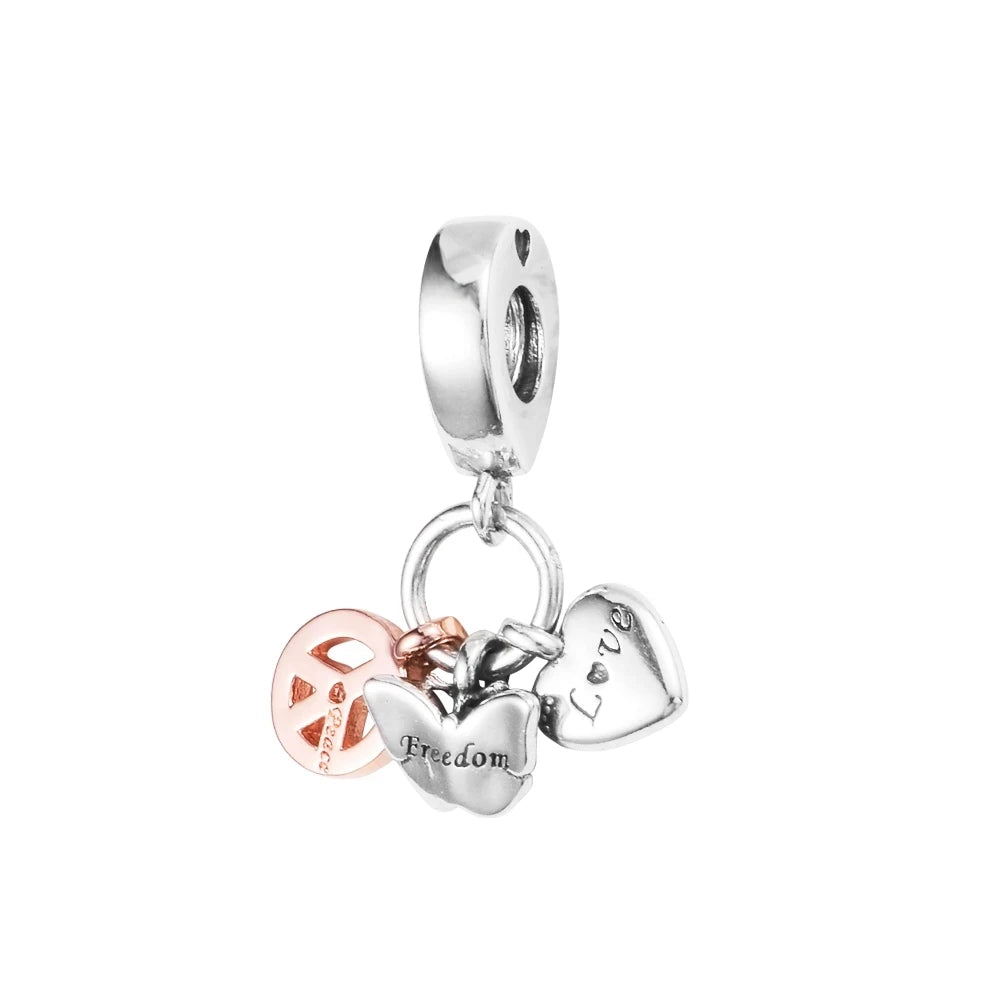 Rainbow Heart Butterfly & Peace Triple Beads for Jewelry Making Collier Sterling Silver Pendant S925 Bracelets Valentine's Day