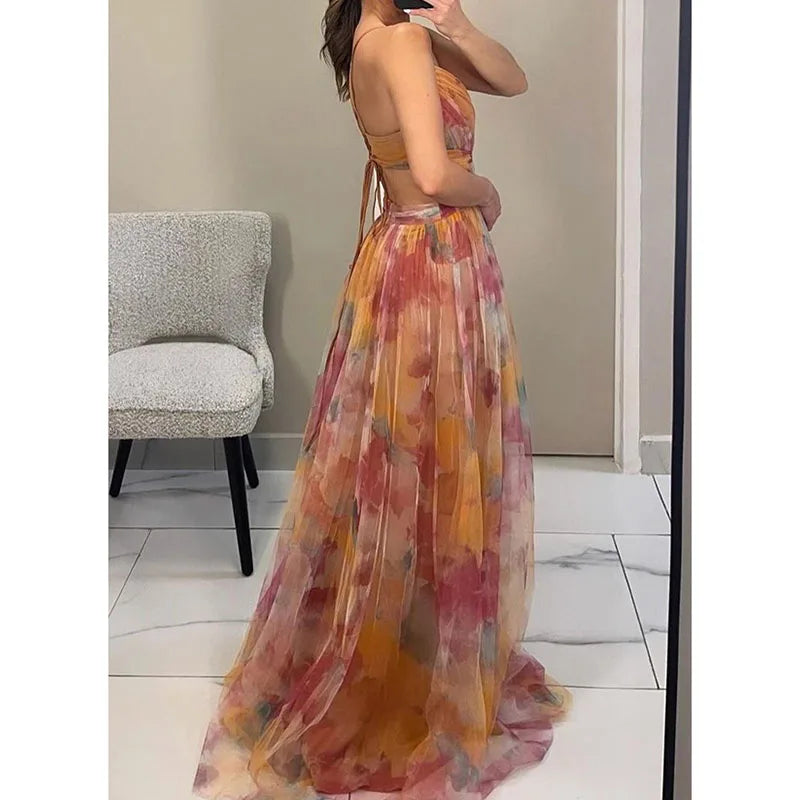 Elegant Print Pleated Mesh Evening Dress Sexy Off Shoulder Ins Vacation Long Dress Summer V Neck High Waist Backless Sling Dress