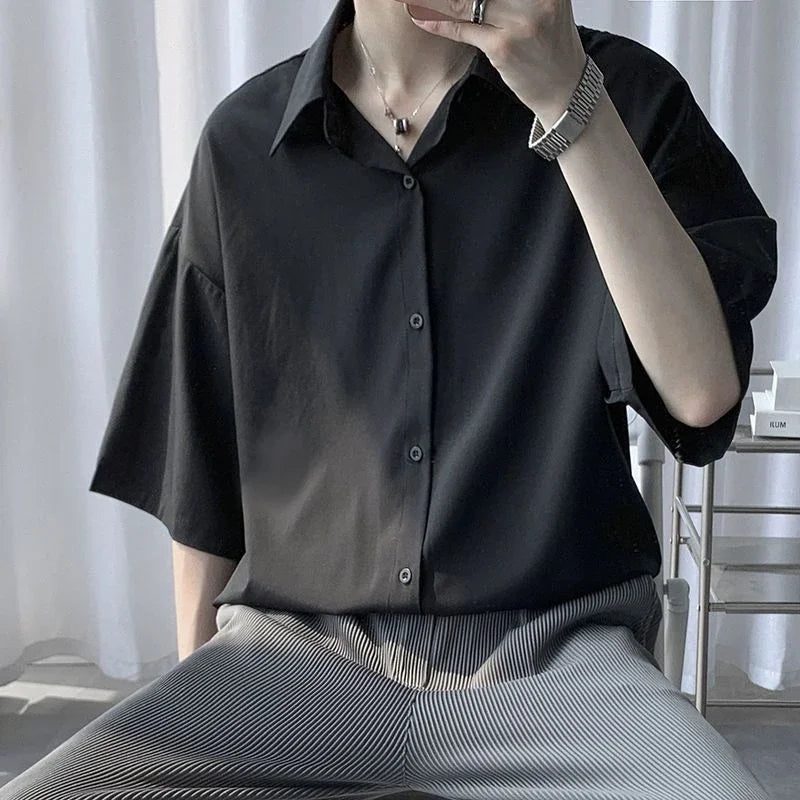 Clothes Short Sleeve Black Male Top Plain Men's Shirt And Blouse With Collar Korean Style Xxl Luxury Summer Original Silk Luxury
