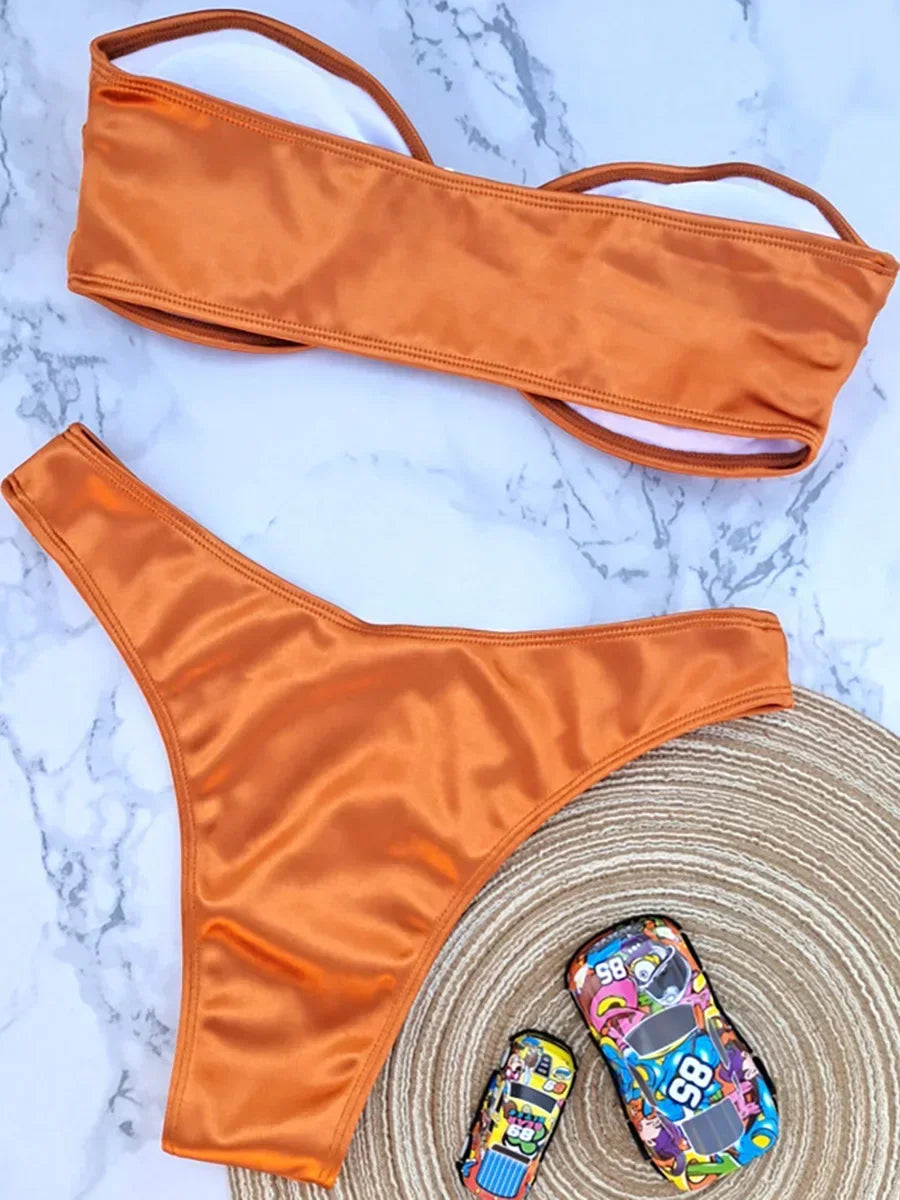 Shiny Bandeau Bikinis 2025 Strapless Bikini Female Swimsuit Women Swimwear Two-pieces Bikini Set High Cut Bathing Suit Swim Lady