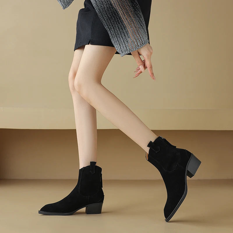 2025 Autumn Winter Trend Cow Suede Women Western Boots Black Brown Khaki Purple Green Burgundy Pointed Toe Ladies Ankle Boots