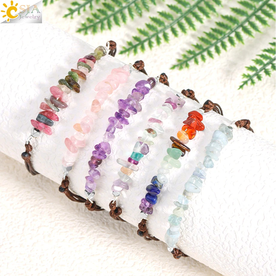 Healing Real Natural Stone Chip Bracelet  7 Chakras Pink Rock Crystal Handmade Rope Bracelet for Women Girl Small Jewelry H361