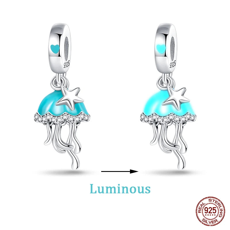 New 100% 925 Sterling Silver Ocean Luminous Sea Turtle Dolphin Octopus Charms Beads Fit Qikaola Original Bracelets DIY Jewelry