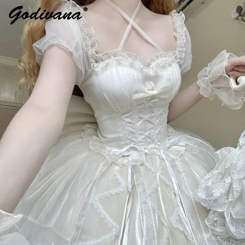 Lolita Sweet Girl Princess Dress Spring and Summer Off Shoulder Women's Short Sleeve Slim OP/JSK Short Ball Gown Dress