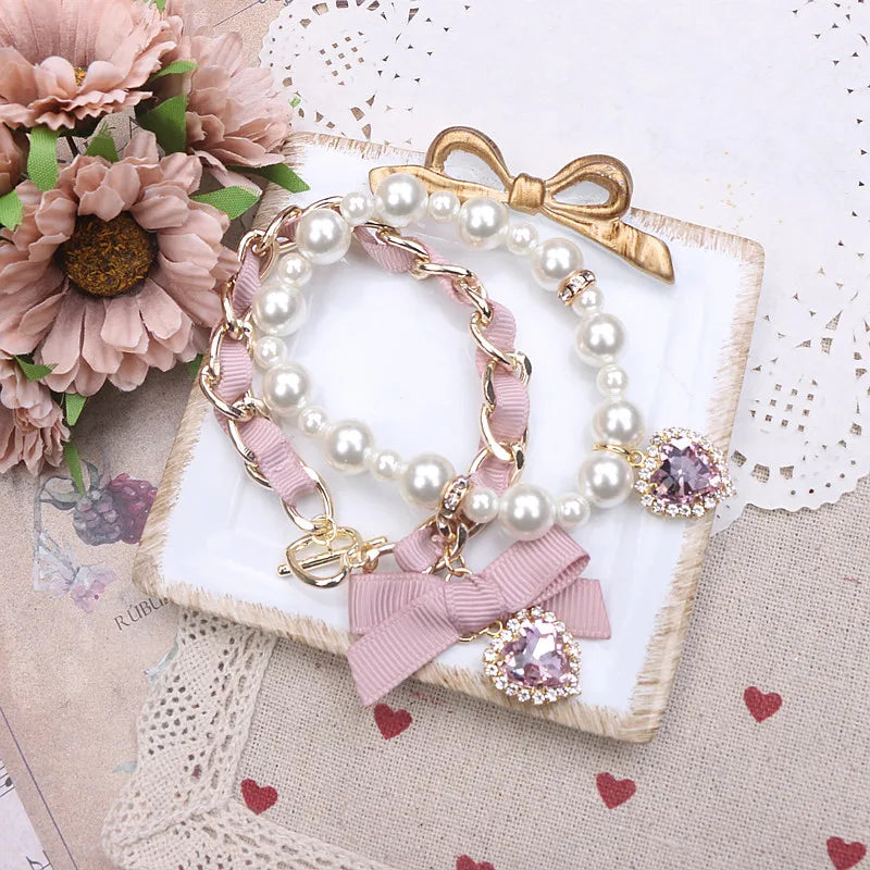 Lolita Bracelet Accessories Sweet Girl Rhinestone Heart Bow Kawaii Girl Two-Piece Pearls Bracelets Japanese Bowknot Ornament