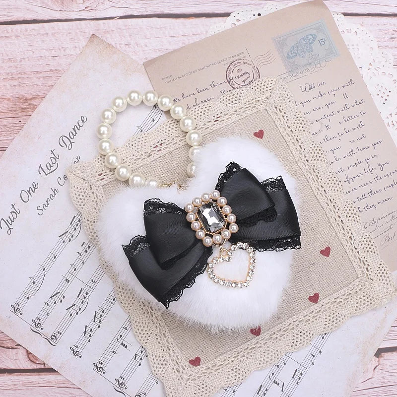 Romantic Bag Ornament Plush Heart Pearls  Keychain Bag Decor Keyring Sweet Ita Bag Pendant Handmade Bow Accessories Keychain