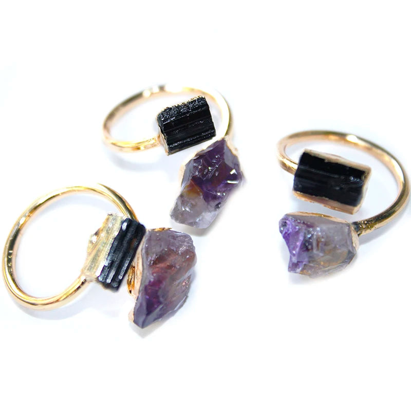 Irregular Rough Stone Open Ring for Women Gold-color Raw Amethyst Finger Jewelry with Black Tourmaline Resizable