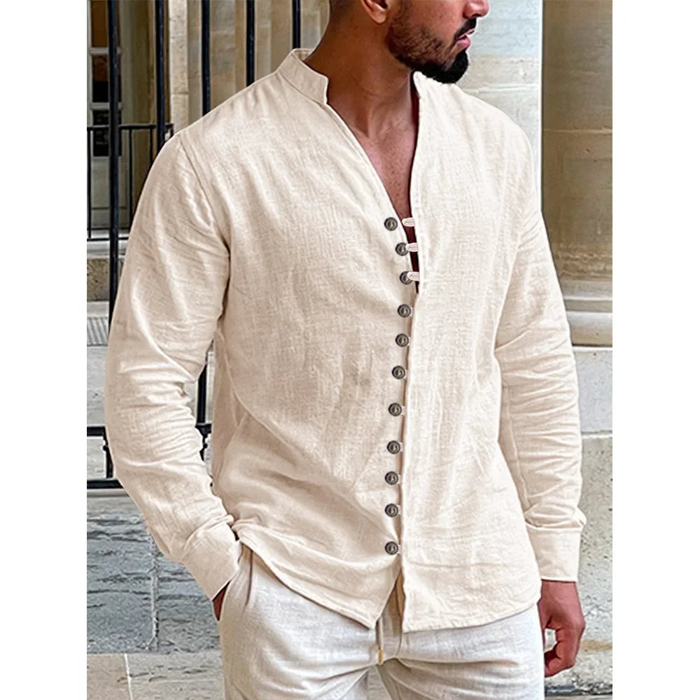 Men's Multi-buttons Shirts Cotton Linen Hawaiian Beach Shirt Long Sleeves Stand Collar Lightweight Breathable Men's Shirt