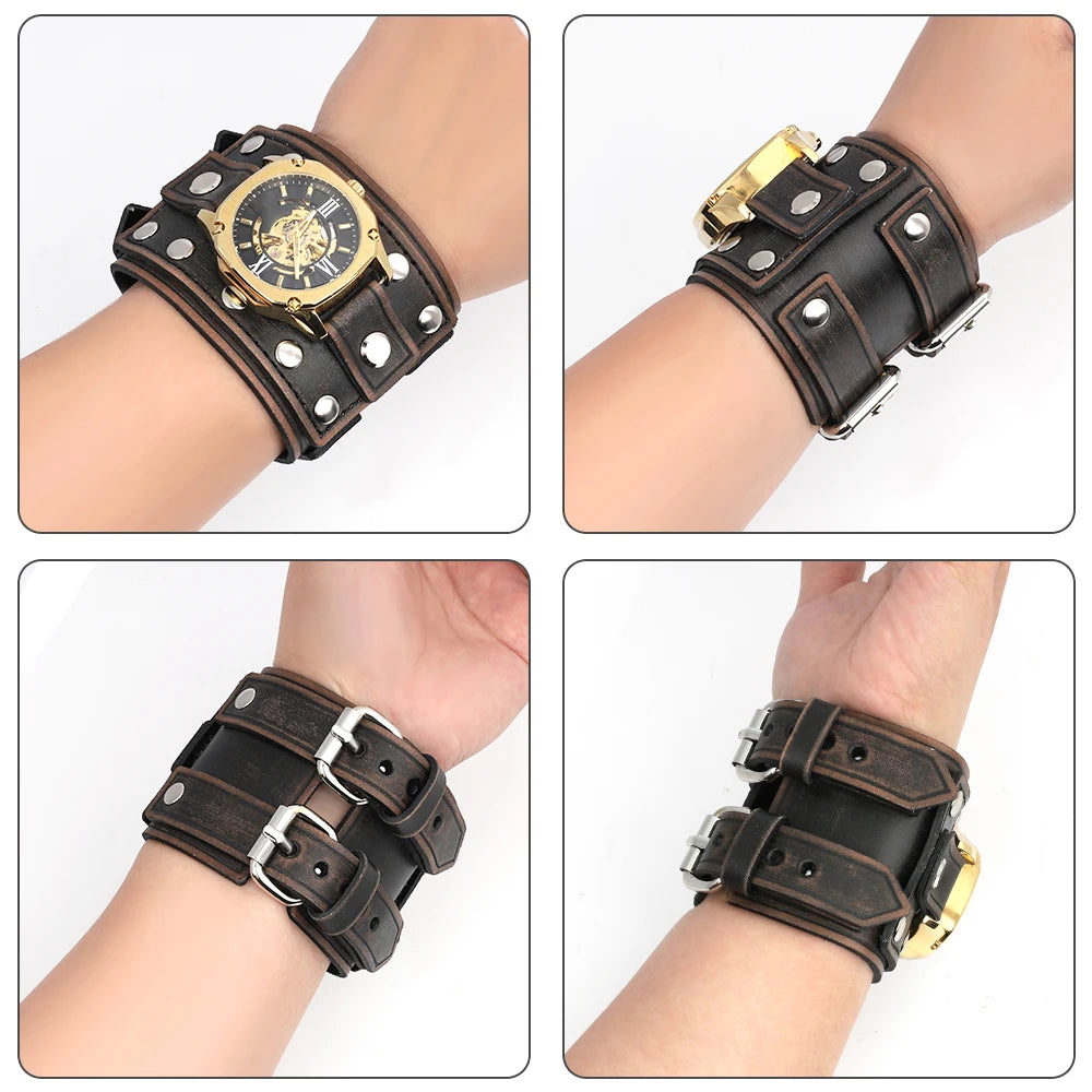 Vintage Punk Leather Cuff Strap 20mm Men's Wrist Watch Band with Mat Double Buckle Rivet Watchband Bracelet Watches Accessories
