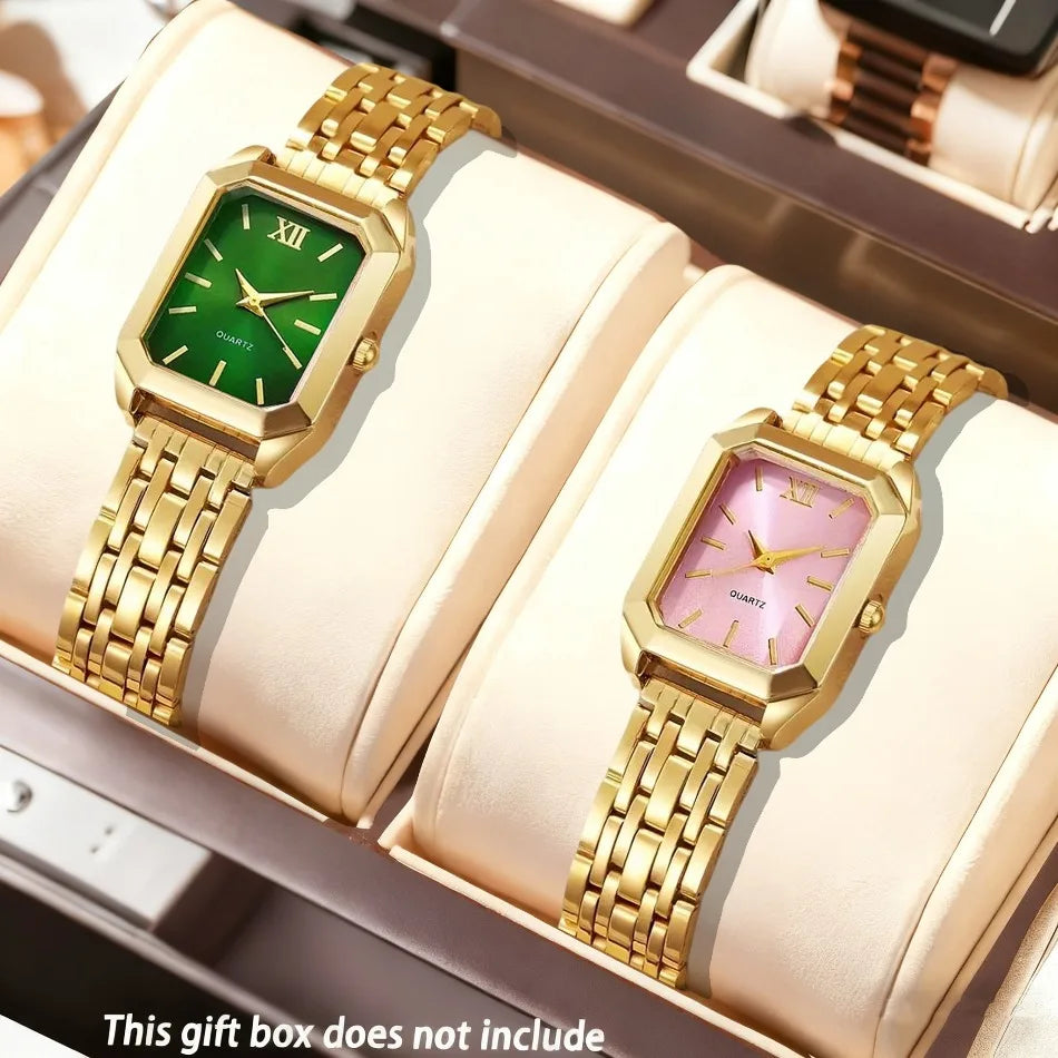 2pcs Women'S Watch Set - Elegant Square Quartz Watches with Stainless Steel Bands, Perfect Gift for Her, Giving Best Gift Sets