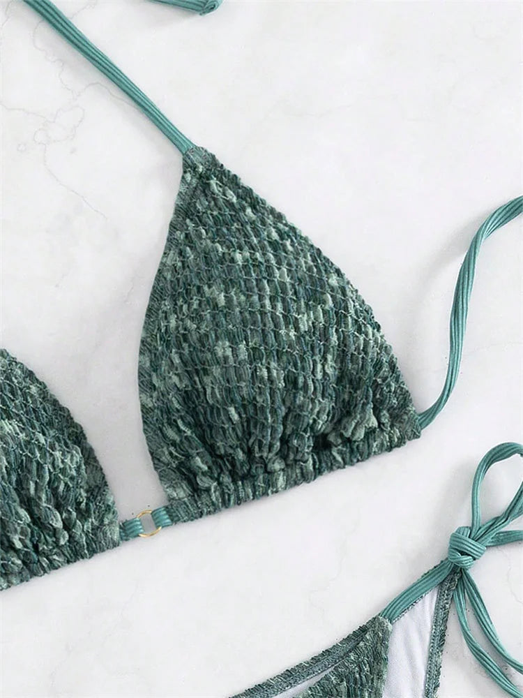 Sexy Green 2 Piece Bikinis Sets Women Halter Metal Stap Push Up Swimsuit 2024 Summer Lace Up Beach Bathing Suit Thong Swimwear