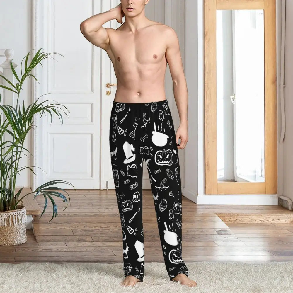 Custom Cute Spooky Halloween Bats Black And Purple Pajama Pants for Men Lounge Sleep Drawstring Sleepwear Bottoms with Pockets